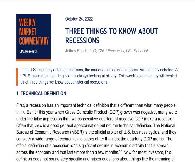Three Things to Know About Recessions | Weekly Market Commentary | October 24, 2022